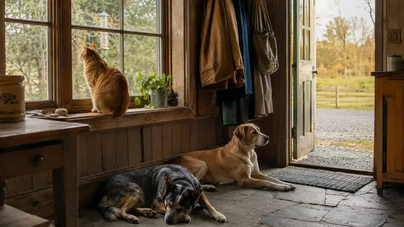 Cat watching birds through a farmhouse window from a mounted window perch while two dogs rest on the floor below