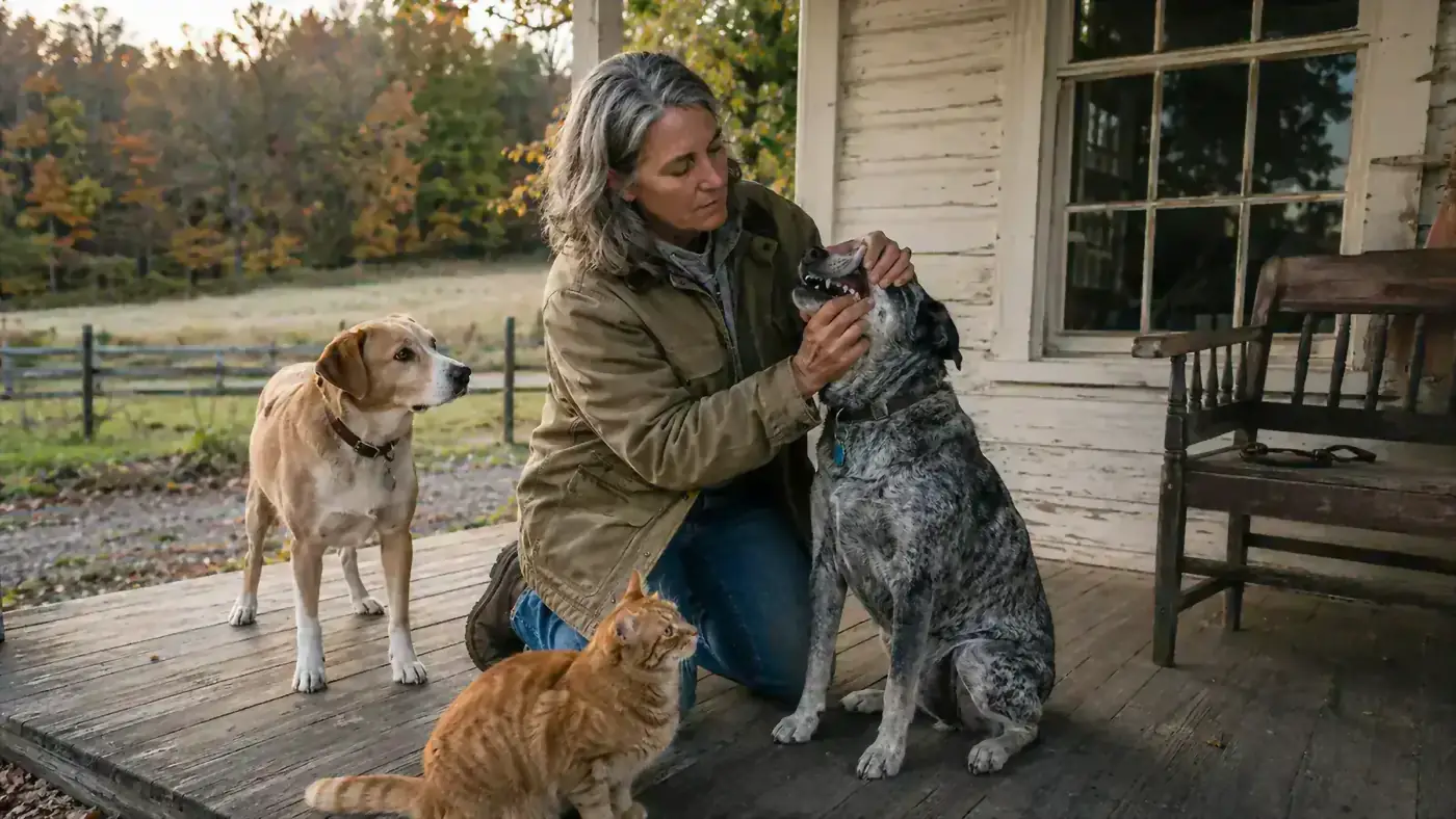 A woman gently lifts a Cattle Dog mix's upper lip on a porch step to check her gums