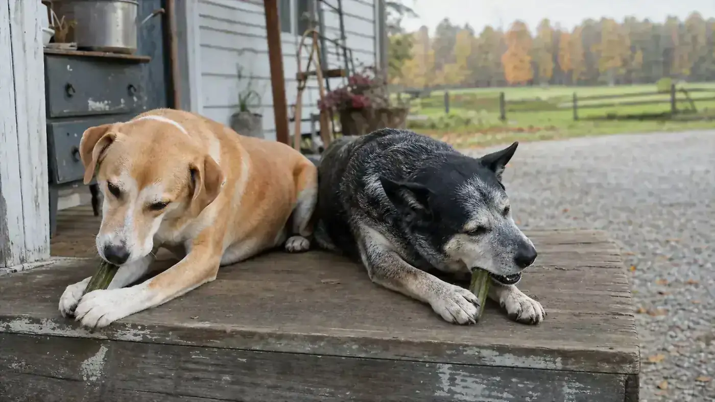 A Lab and hound mix and a Cattle Dog mix sitting side by side on a farmhouse porch each chewing a green dental treat