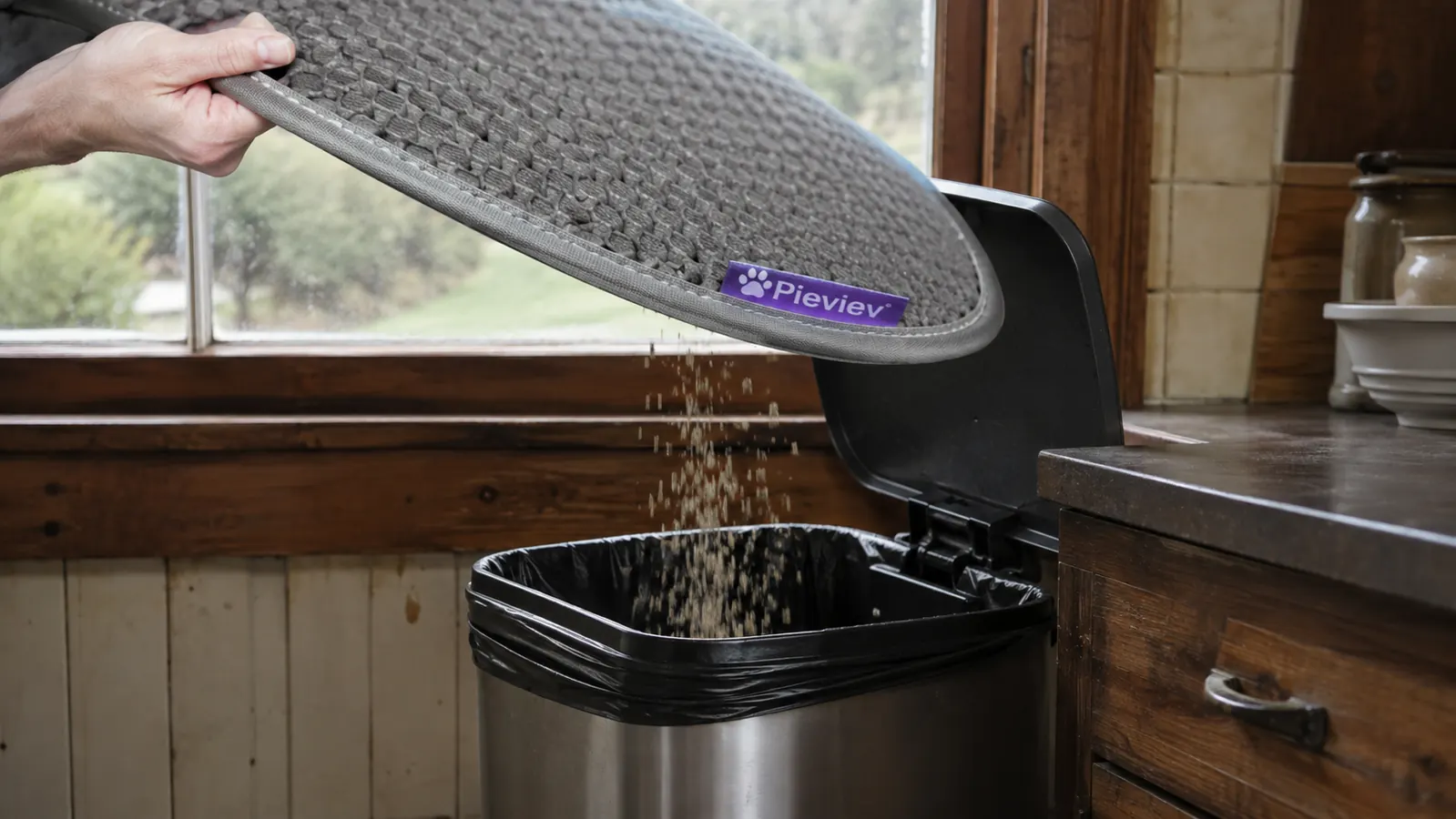 Hand shaking loose litter granules off a double-layer honeycomb mat over a trash can