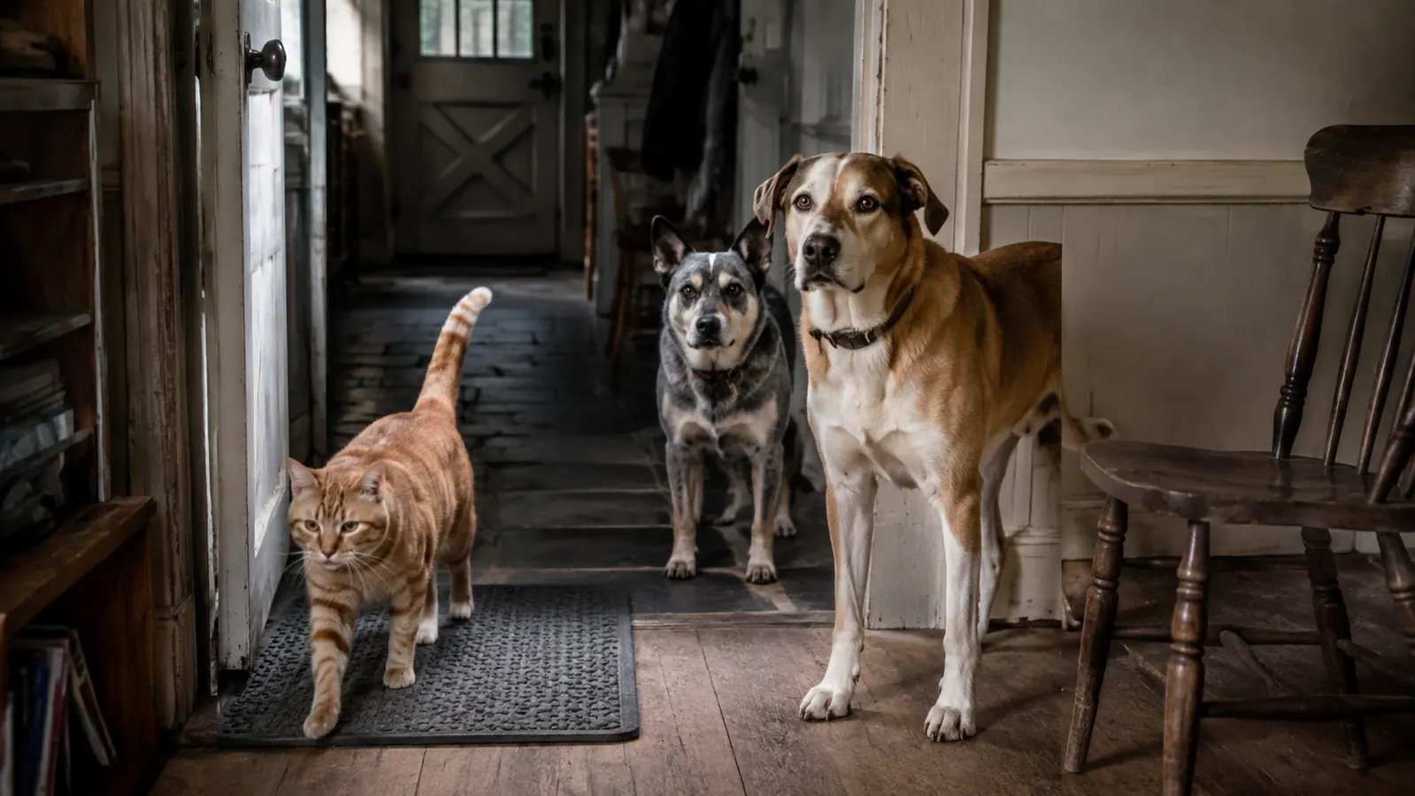 Orange tabby cat stepping off a gray litter mat onto a wood floor