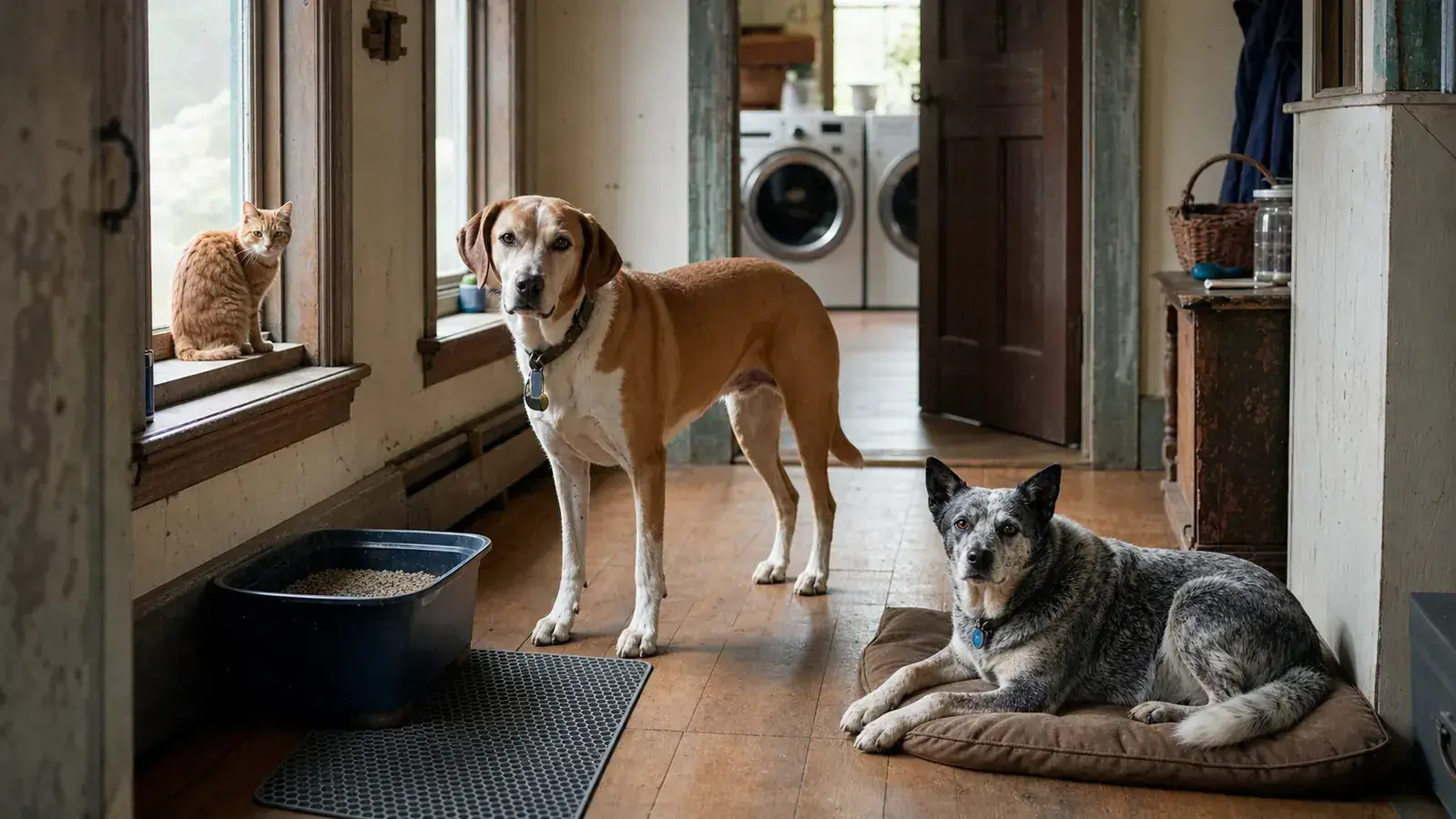 Gray honeycomb litter mat laid in front of a cat litter box on a wood floor in a back hallway