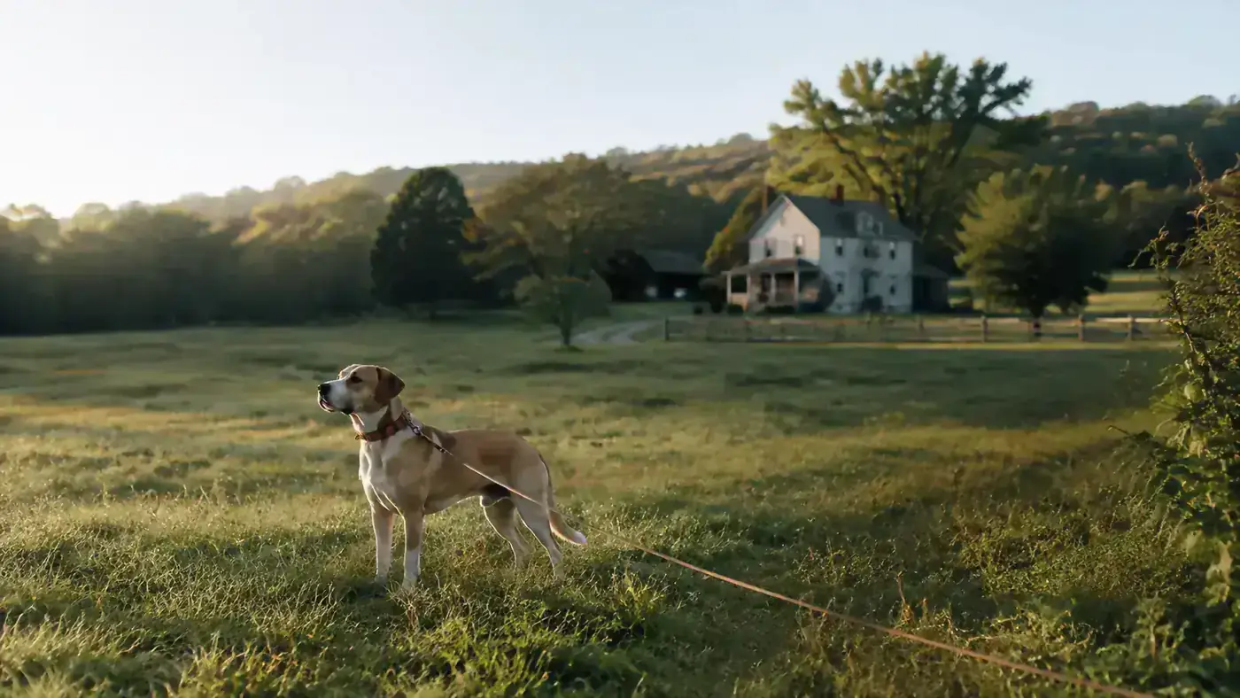 A Lab and hound mix standing at the end of a long training line in an open field with a farmhouse behind him