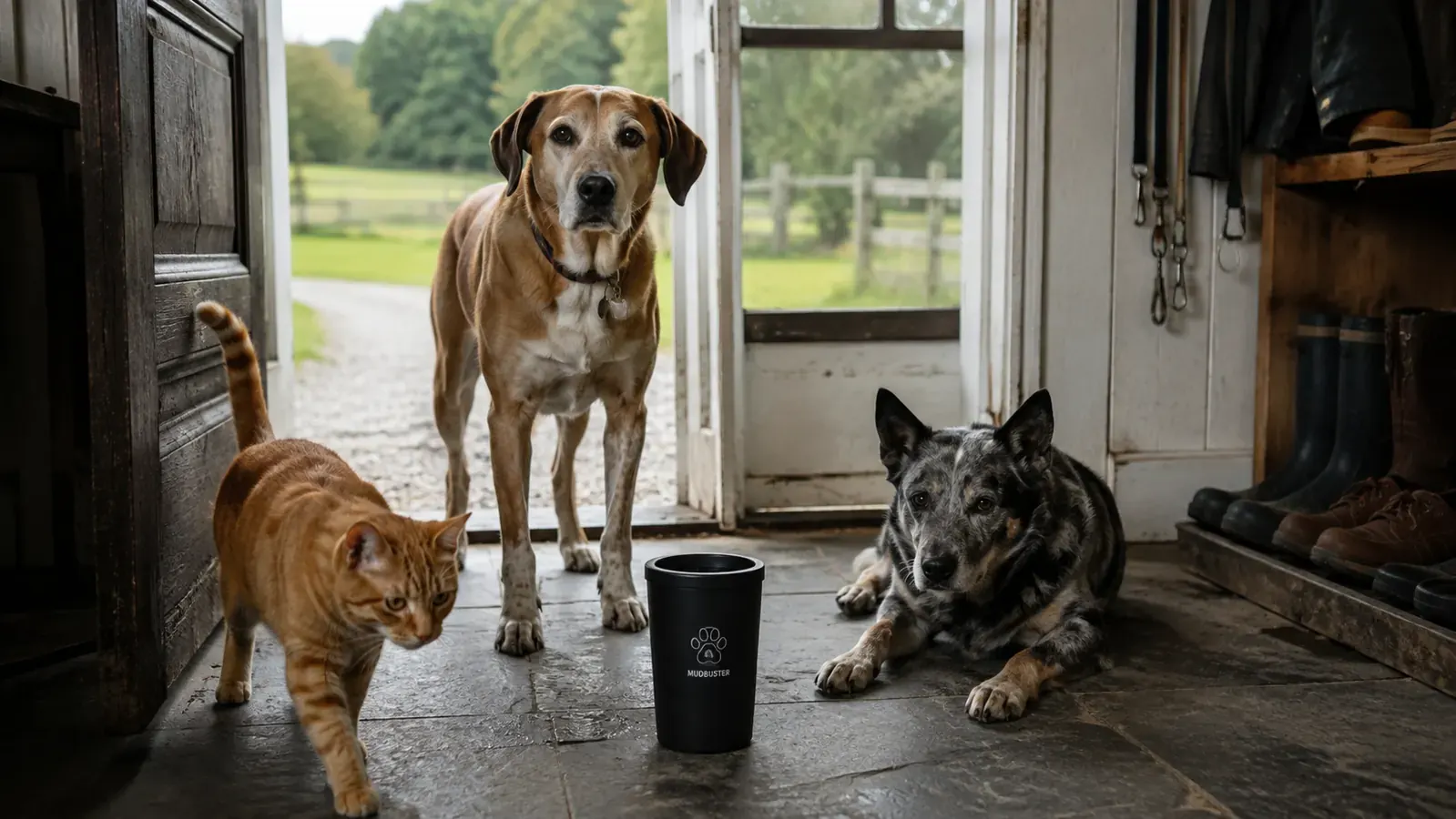 A black MudBuster paw cleaning cup sitting on a slate mudroom floor next to a boot tray and leash hooks