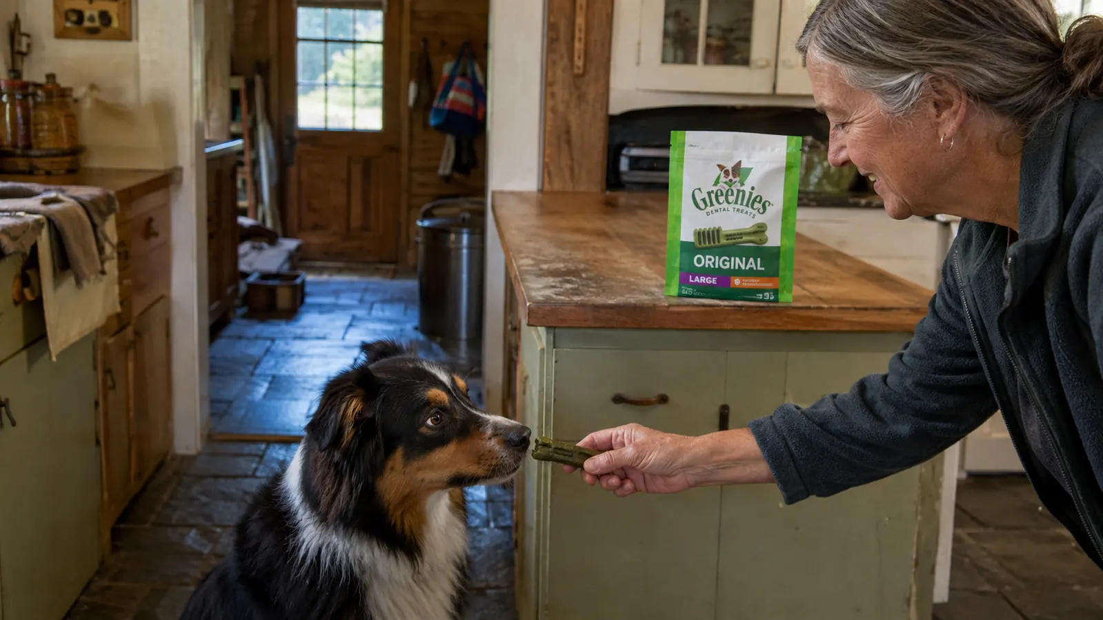 A hand holding a Greenies dental chew out to a dog near a kitchen counter