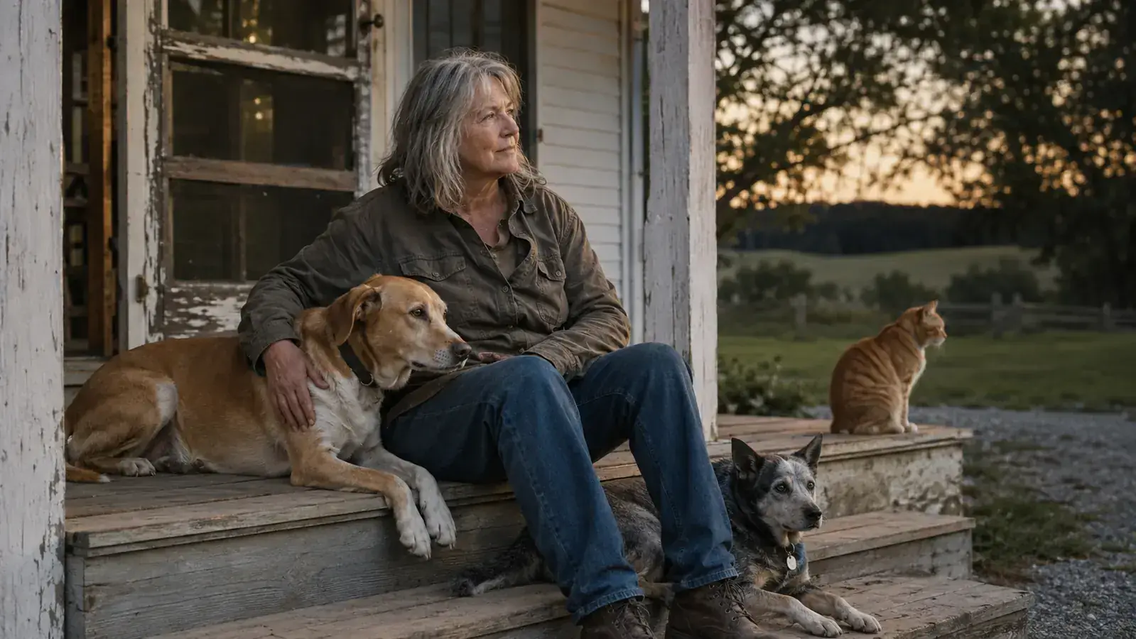 A dog and its owner sitting together on porch steps in the evening