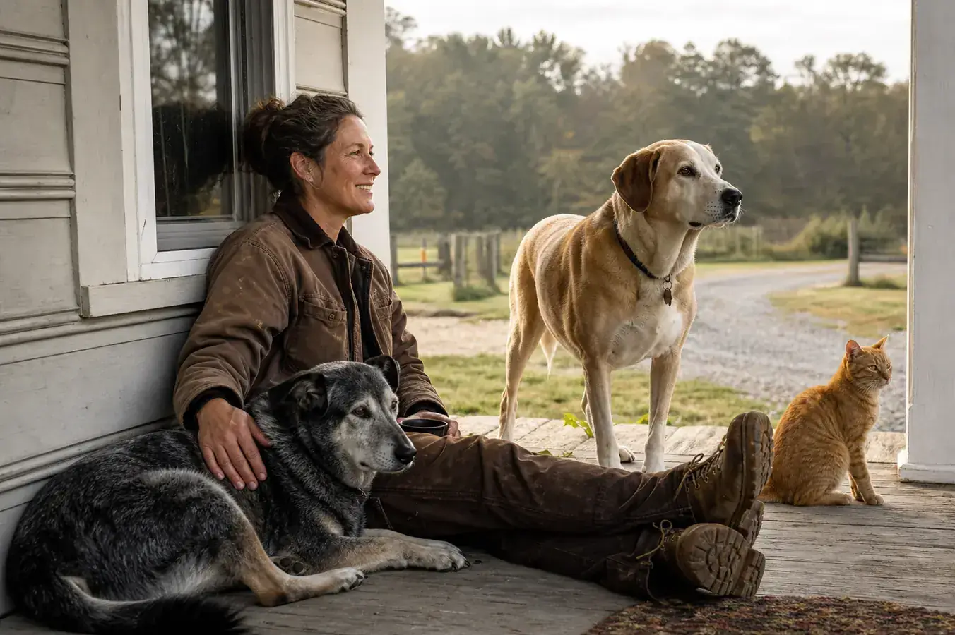 A Lab and hound mix dog resting his chin on a farmhouse porch railing in morning light