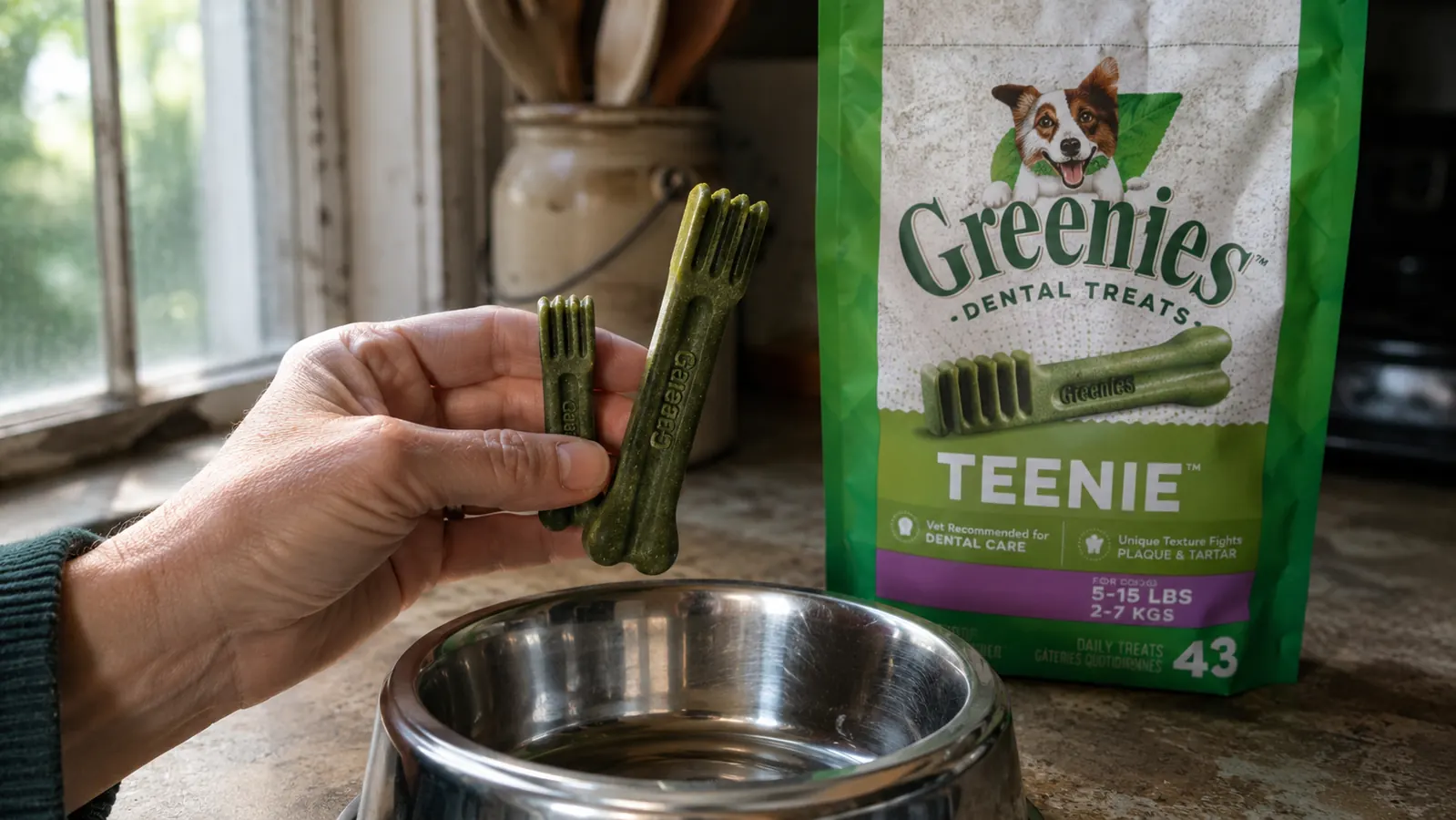 A hand holding two different sized dental chews side by side over a stainless steel dog bowl