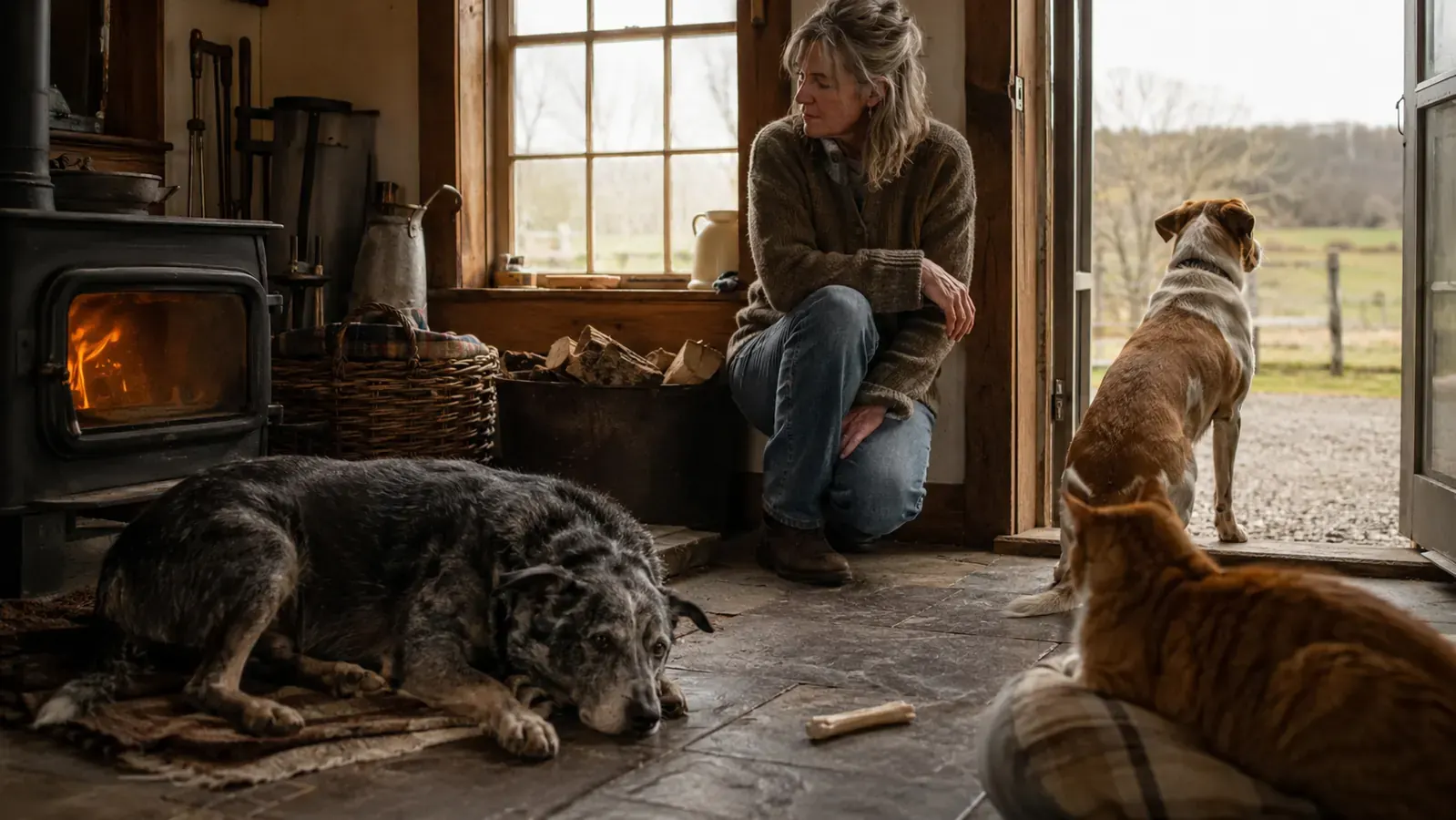 A dog resting with its chin on the floor near a wood stove while a chew sits untouched nearby