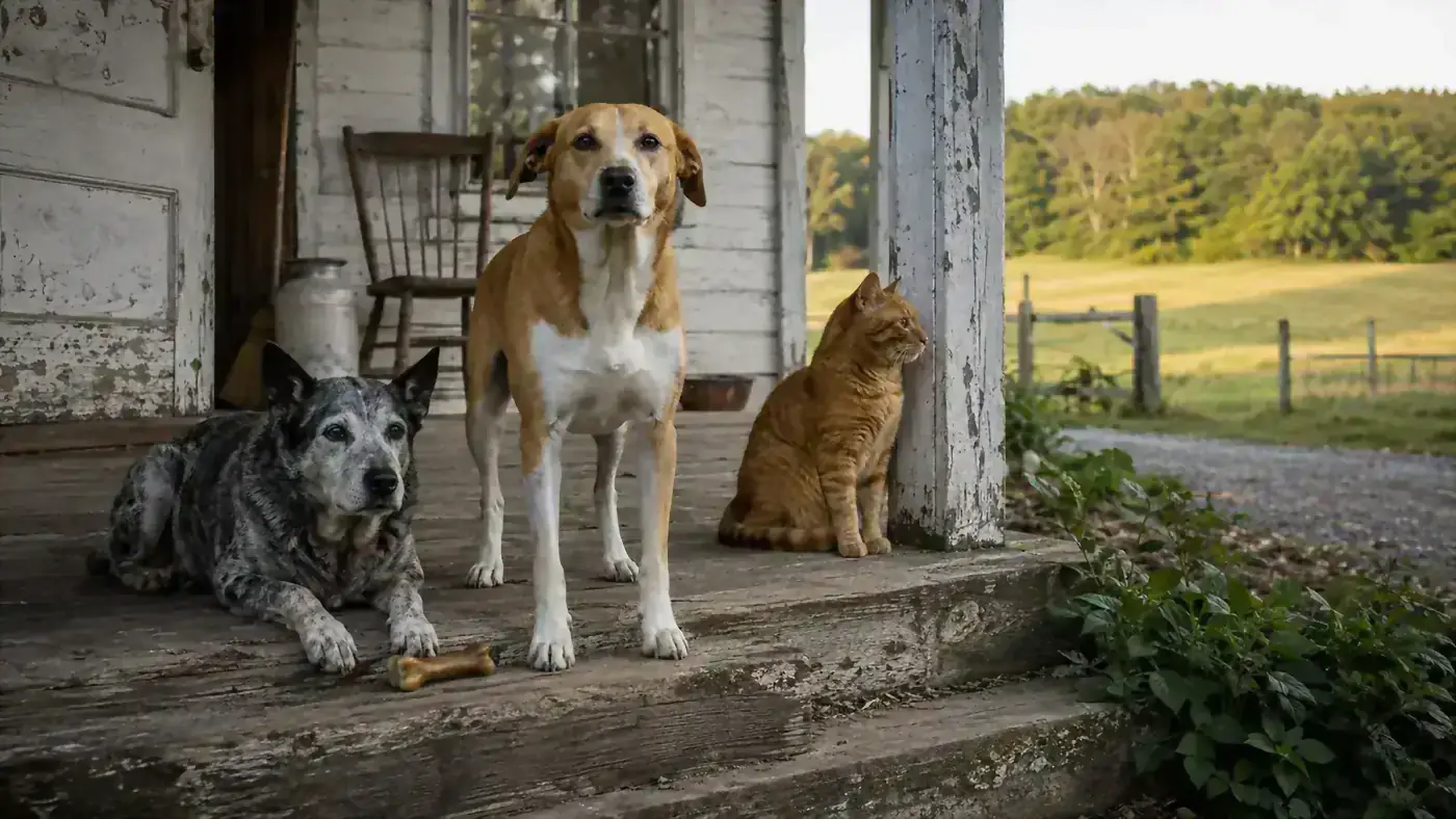 A Lab and hound mix and a Cattle Dog mix sitting on a farmhouse porch step, one chew half finished on the wood plank between them