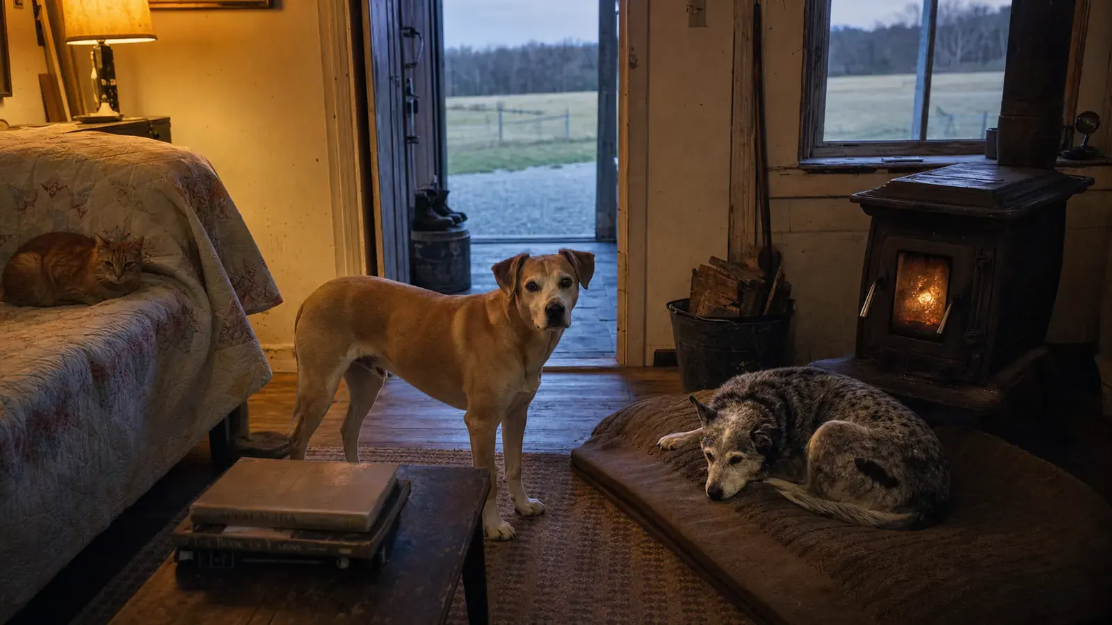 An older Cattle Dog mix sleeping by a wood stove with a dental chew wrapper visible nearby on the floor