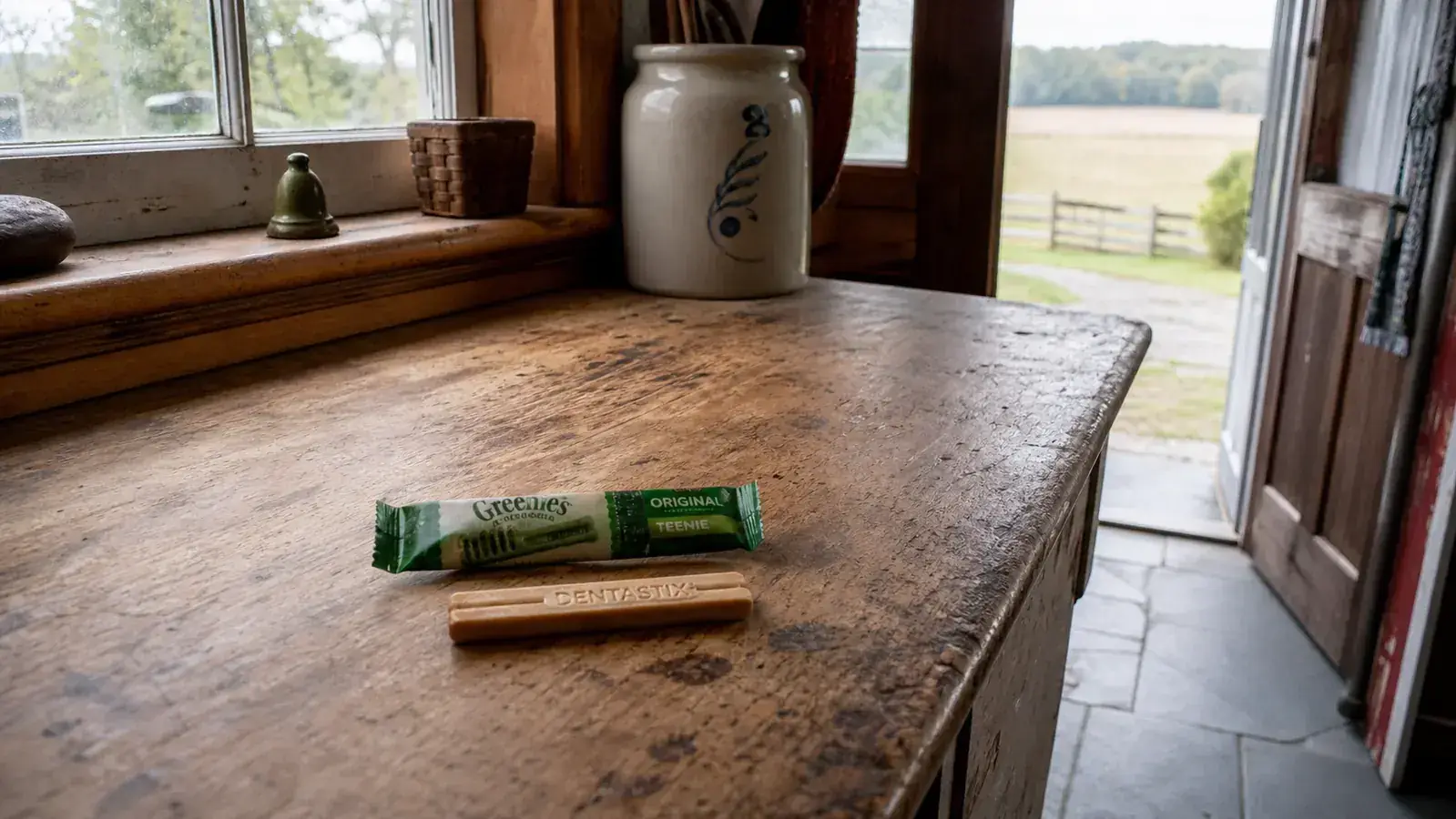 Two dental chews, one Greenies and one Dentastix, laid side by side on a farmhouse kitchen counter