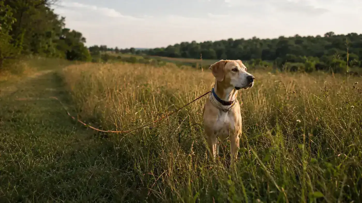 A Lab and hound mix standing in tall field grass with a long training line trailing behind him through the brush