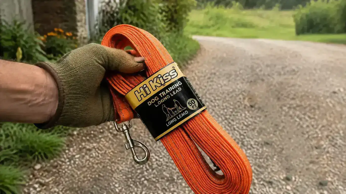 Hand in a gloved grip holding the flat webbing of the Hi Kiss long line clipped to a dog's harness