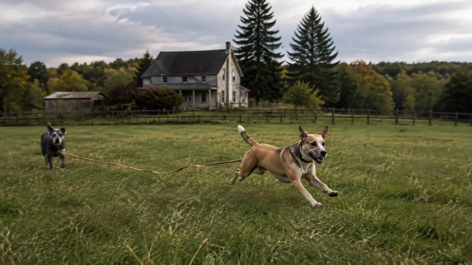 Dog dragging a long training line through tall grass in an open field
