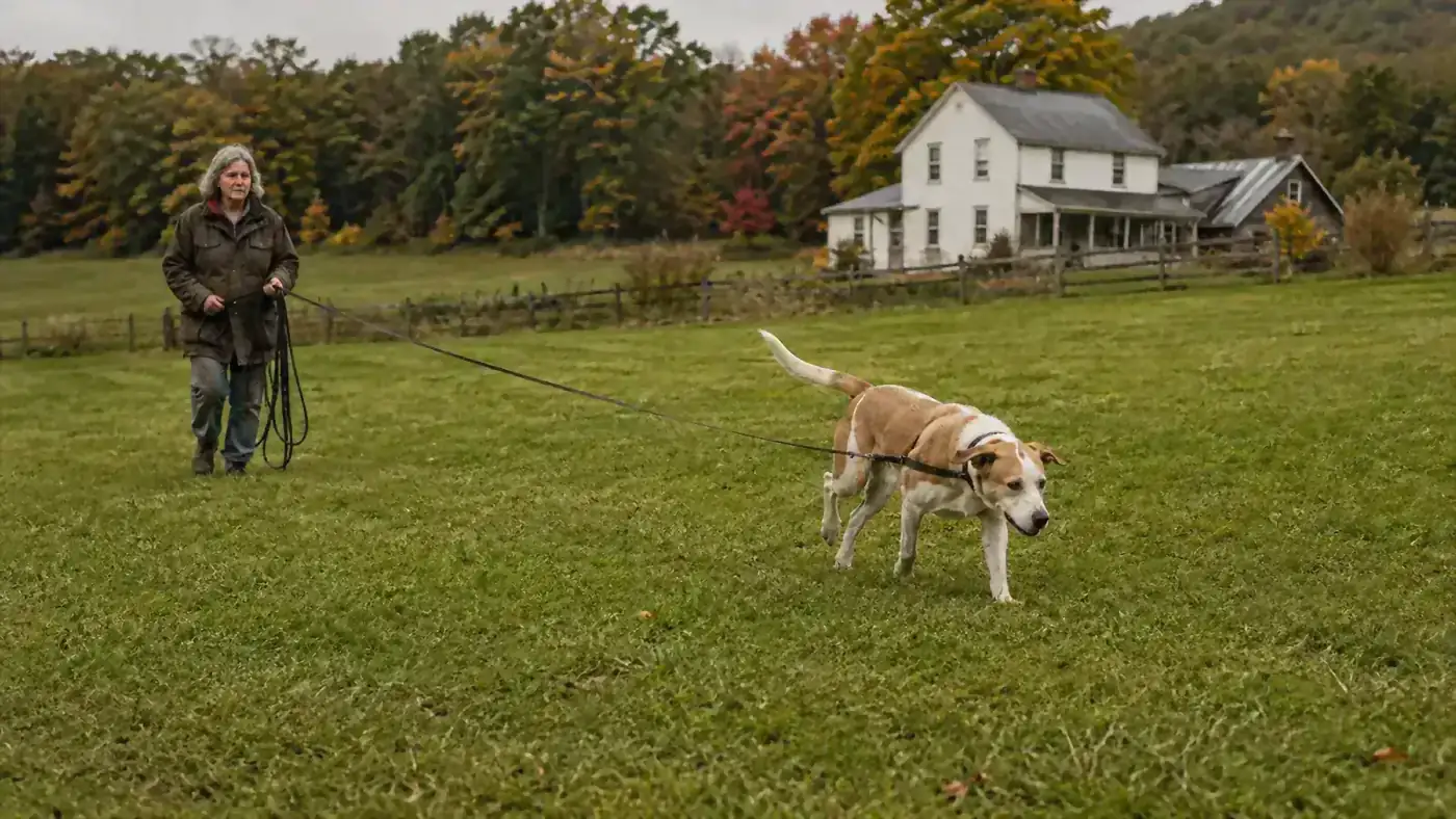 A hound mix trotting across an open field at the end of a long training line while a woman holds the far end
