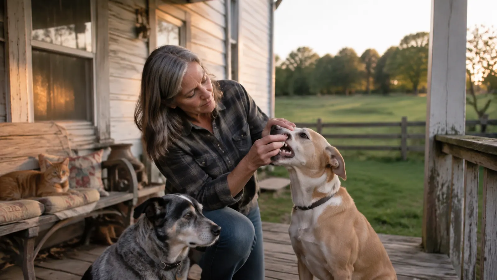 A woman checks a dog's teeth by gently lifting its lip on a porch step
