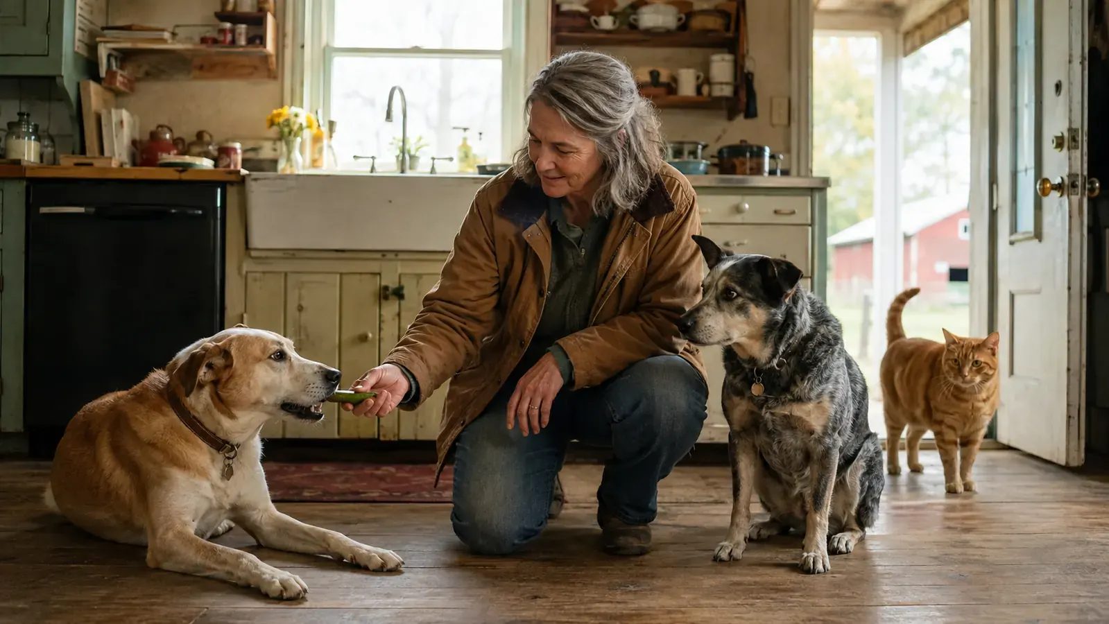 A woman kneels on a farmhouse kitchen floor handing a dental chew to a Lab mix while a Cattle Dog mix waits nearby