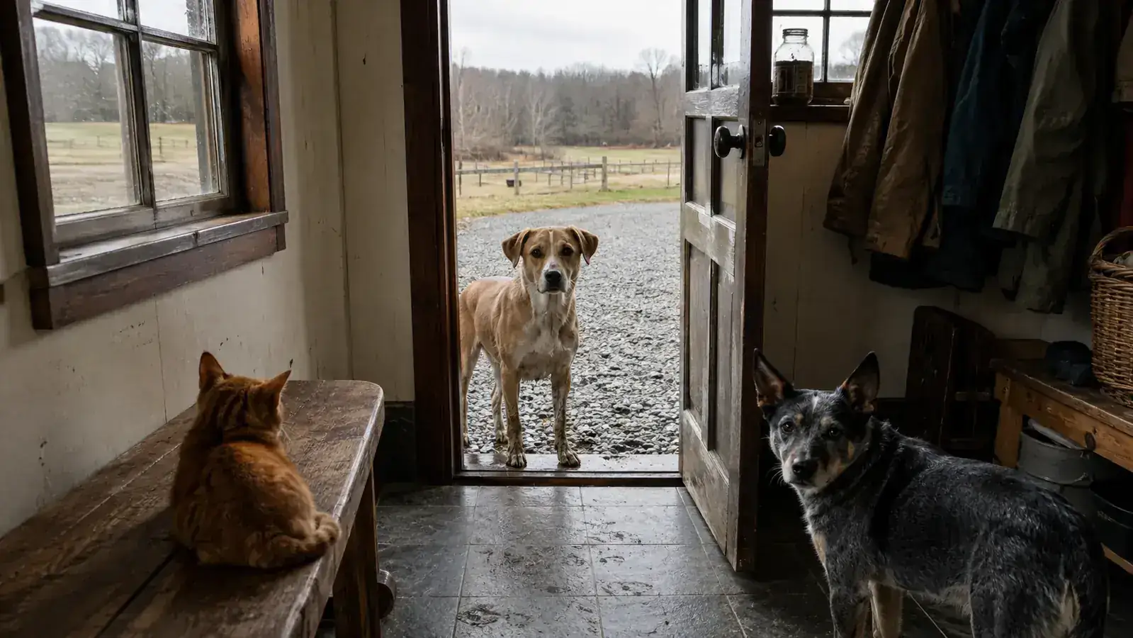 A muddy Lab mix standing on a slate mudroom floor next to a filled MudBuster paw cleaner