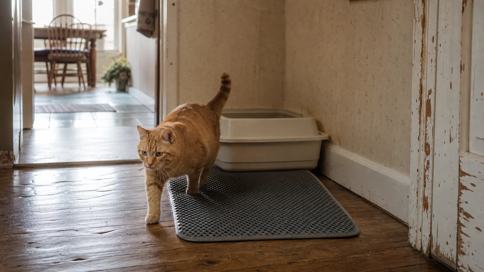 A gray double-layer honeycomb litter mat laid at the exit of a cat litter box on a wood hallway floor