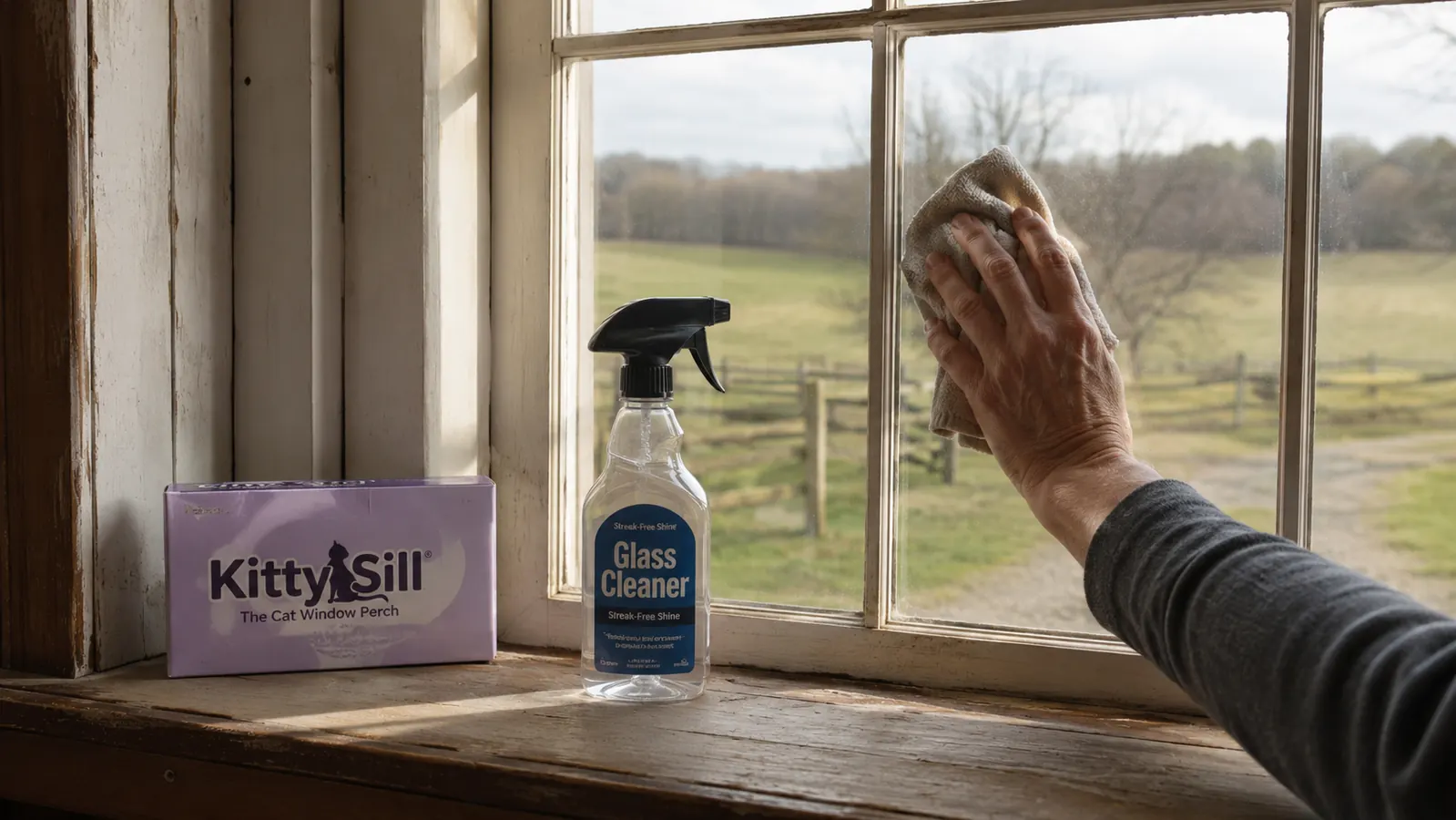 A hand wiping a window pane clean with a cloth before mounting a suction cup window perch