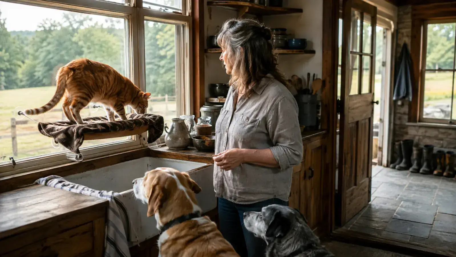 An orange tabby cat sniffing a familiar blanket draped over a window perch before settling onto it