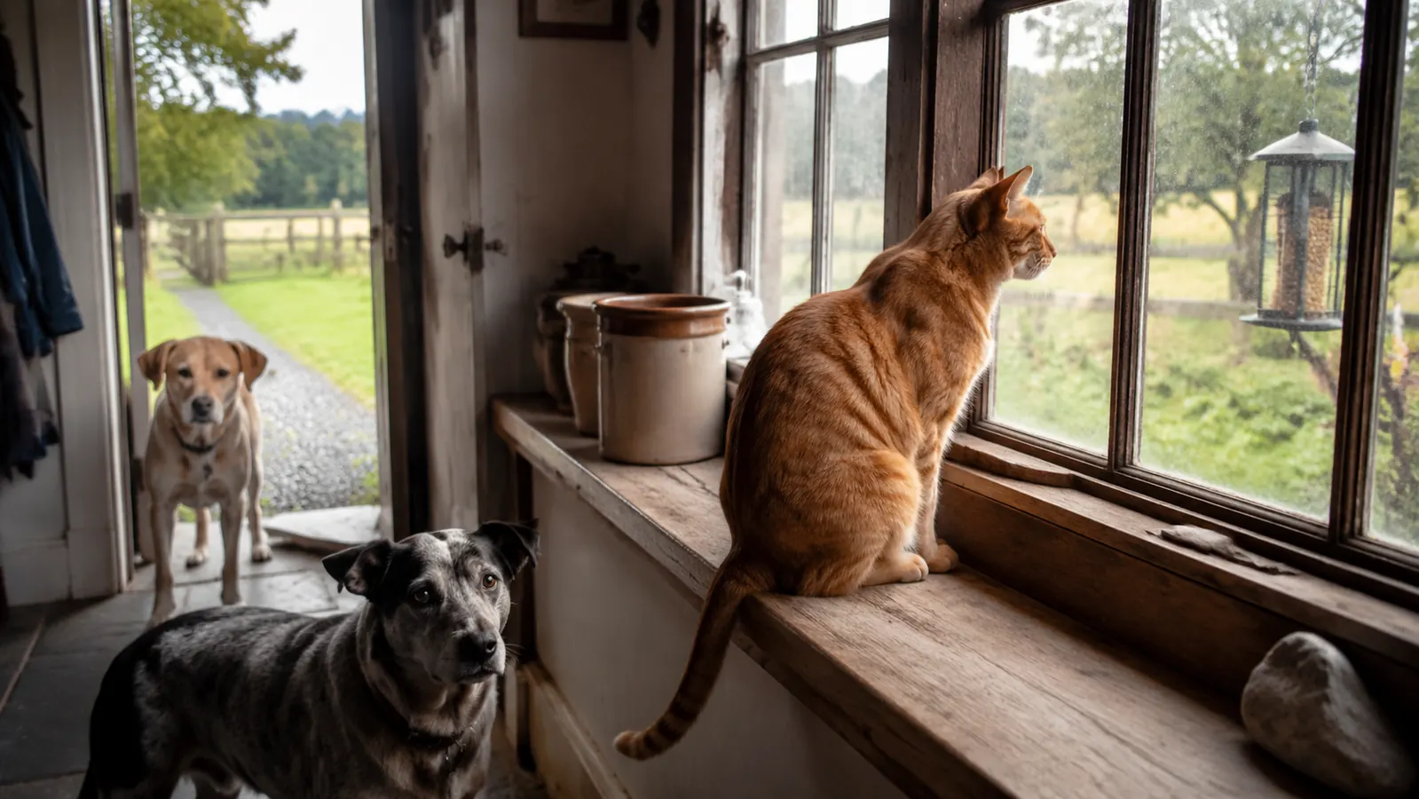 An orange tabby cat sitting on a farmhouse windowsill looking out at a bird feeder through old glass