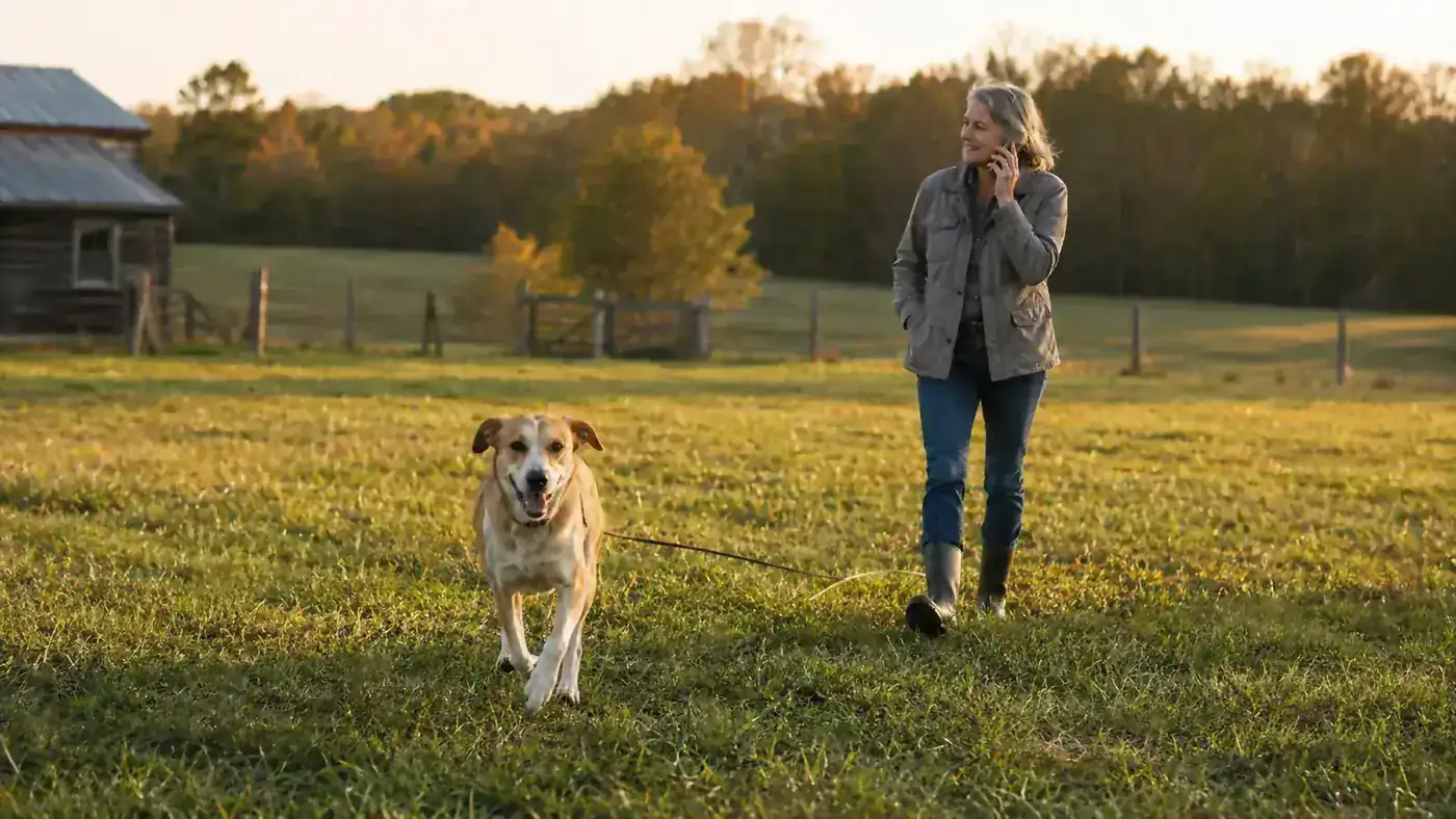 A woman calling a Lab mix across an open field with a long training line trailing behind him