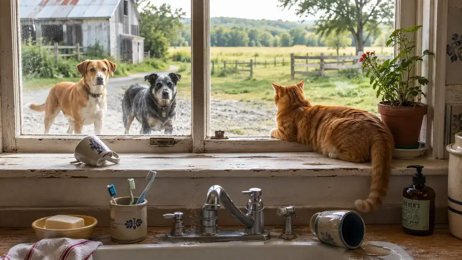 Narrow kitchen windowsill above a sink cluttered with a soap dish and a fallen mug