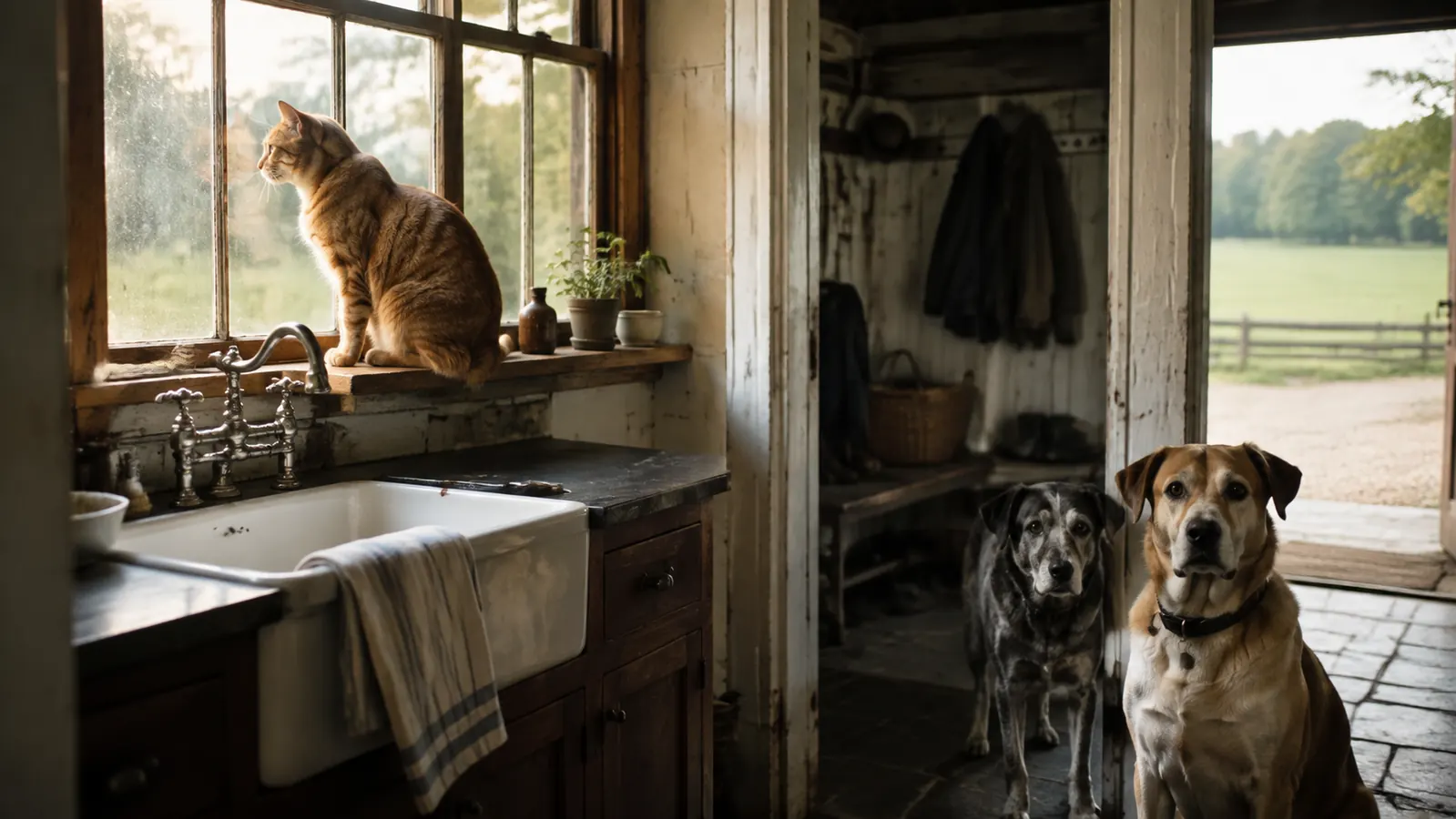 Orange tabby cat sitting on a window perch above a farmhouse kitchen sink with morning light coming through old glass