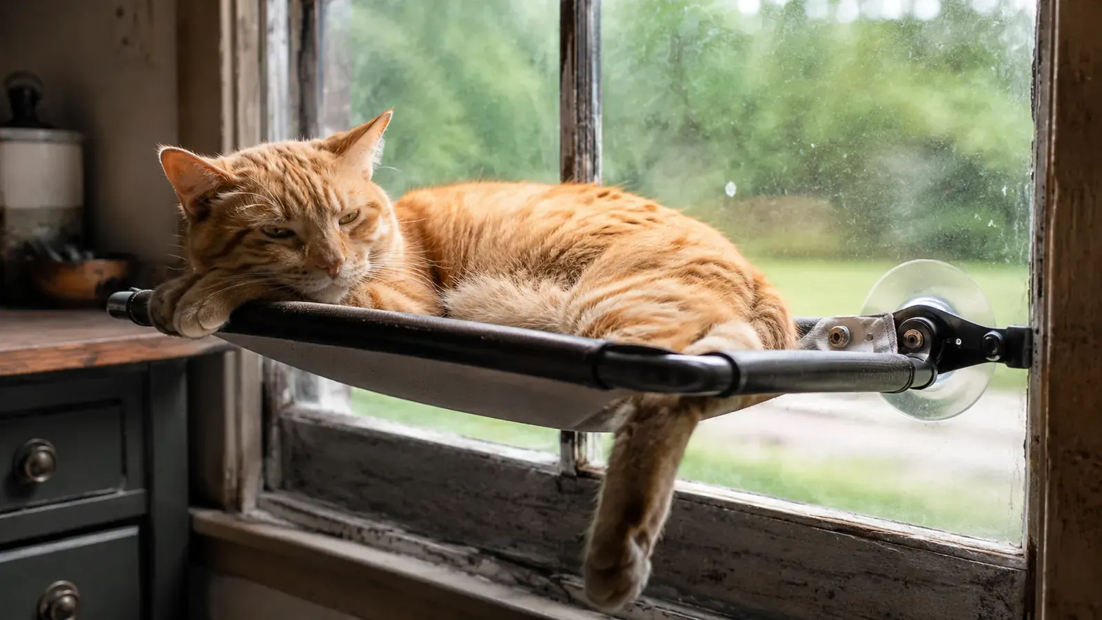 Orange tabby cat lying flat on a window perch mounted to an old farmhouse window, one suction cup visible at the edge