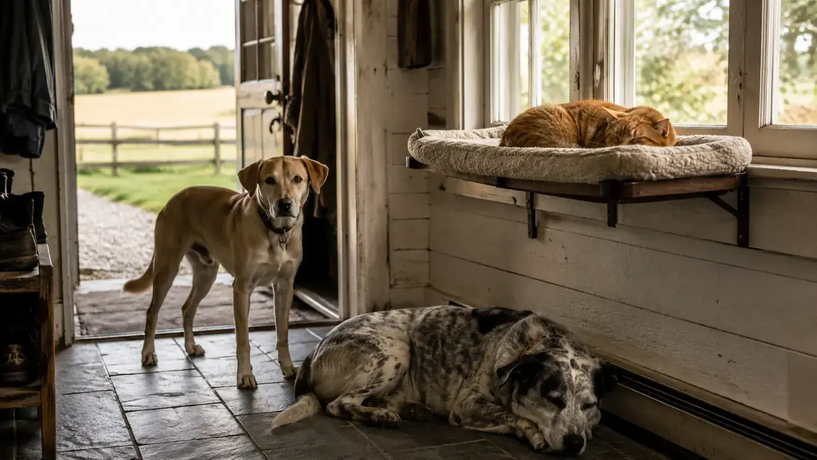 An orange tabby cat asleep on a window perch while a dog naps on the floor below in a farmhouse living room