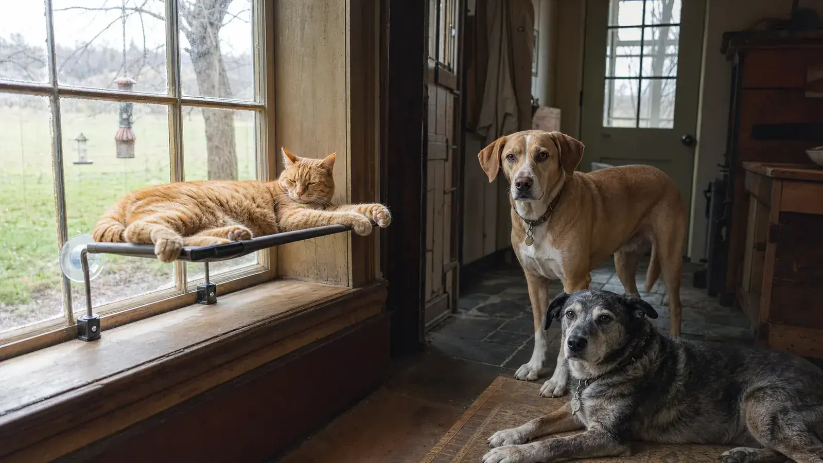 An orange tabby cat lounging on a window perch attached to an old farmhouse window with a bird feeder visible outside