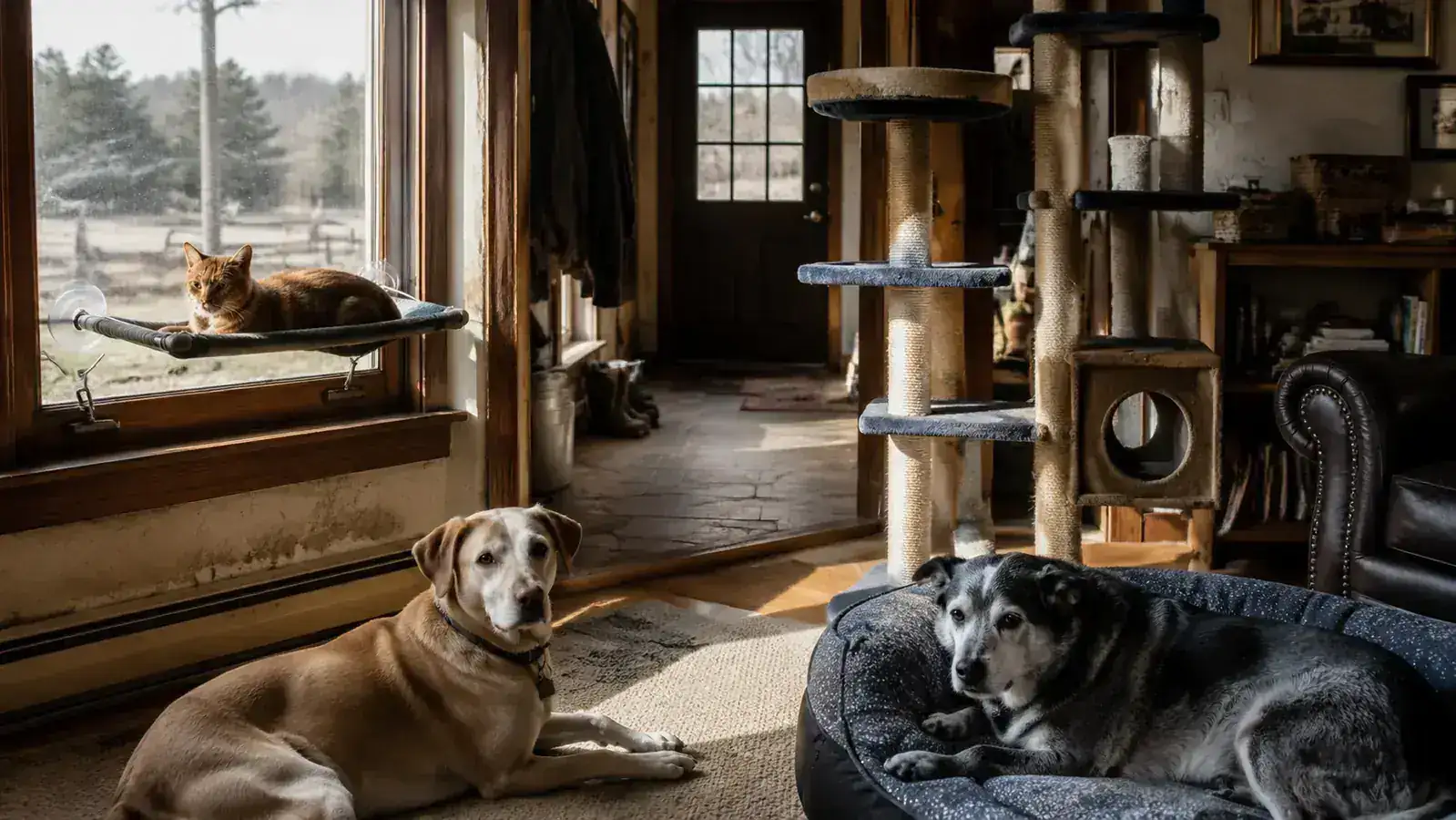 A window perch mounted to a farmhouse window on one side of a room and a floor-standing cat tree on the other side