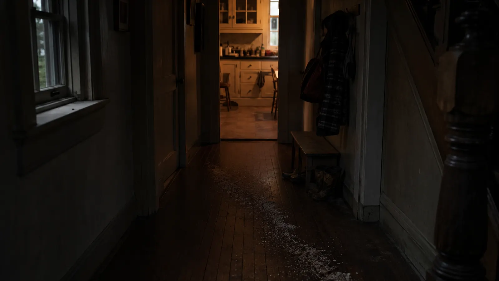 Bare footprints of scattered litter grit leading down a dark wood-floored hallway toward a kitchen