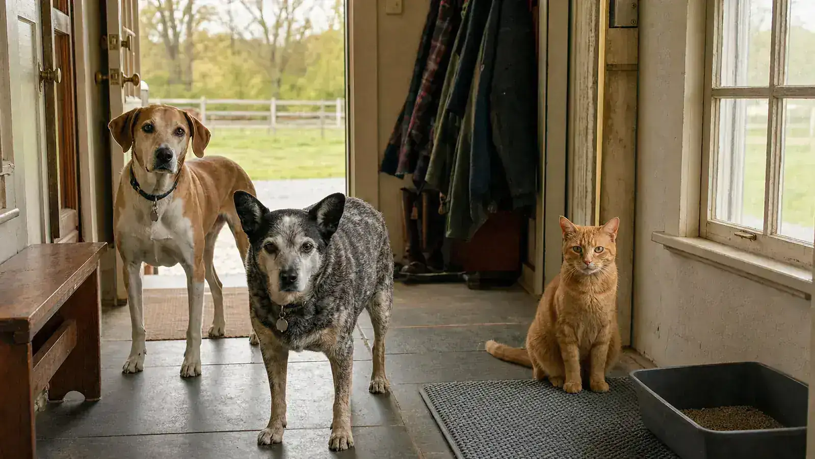 Orange tabby cat sitting beside a litter mat in a quiet farmhouse hallway