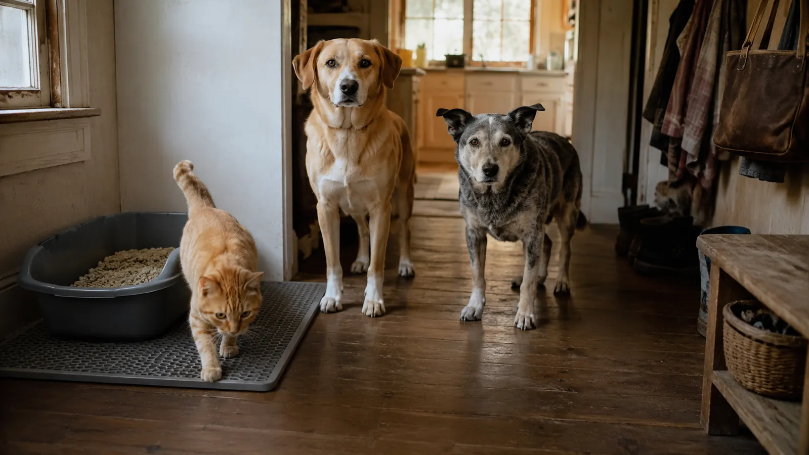 Gray double-layer litter mat under a cat litter box in a farmhouse back hall with wood flooring leading into a kitchen