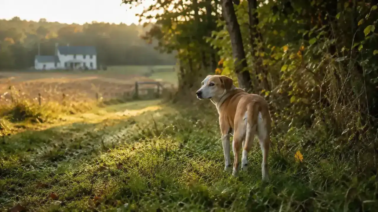A Lab and hound mix standing at the edge of a treeline in early morning light, looking back over his shoulder