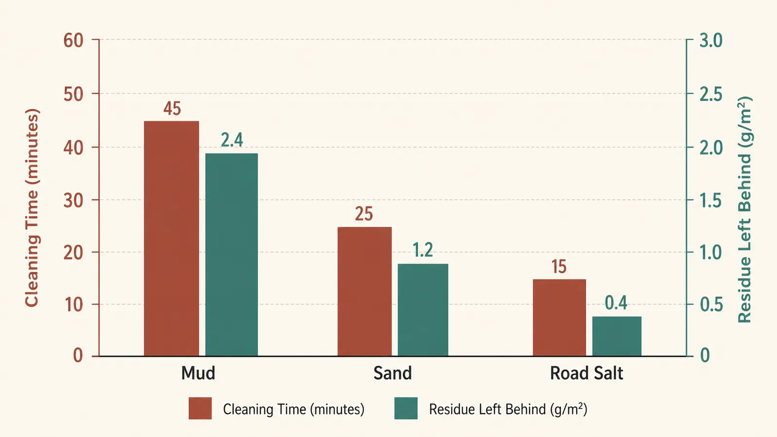 A simple chart comparing cleaning time and paw dryness across mud, sand, and road salt conditions