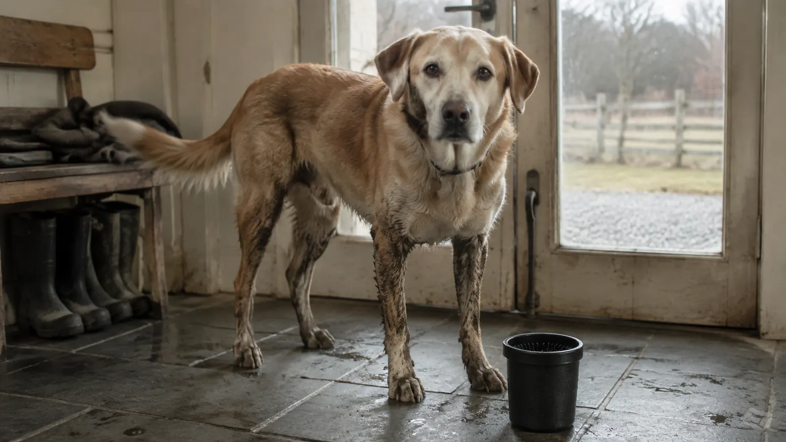 A muddy Lab and hound mix standing at the back door of a farmhouse next to a black paw cleaning cup