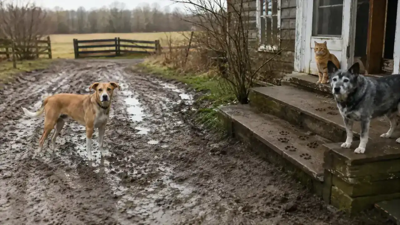 A farmhouse gravel driveway turned to mud under a gray late-winter sky