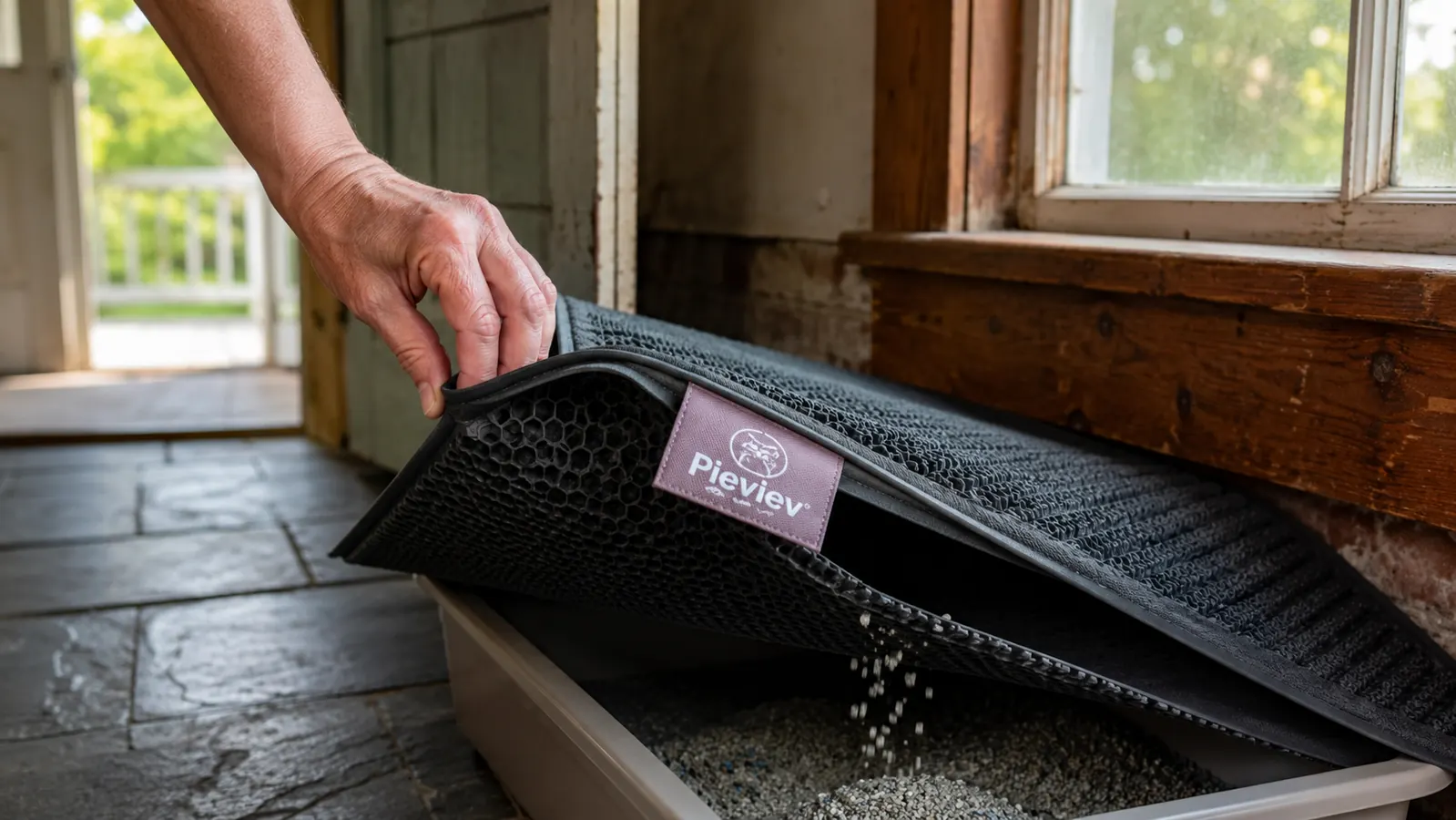 Hand lifting the corner of a gray honeycomb litter mat to pour trapped litter back into the litter box