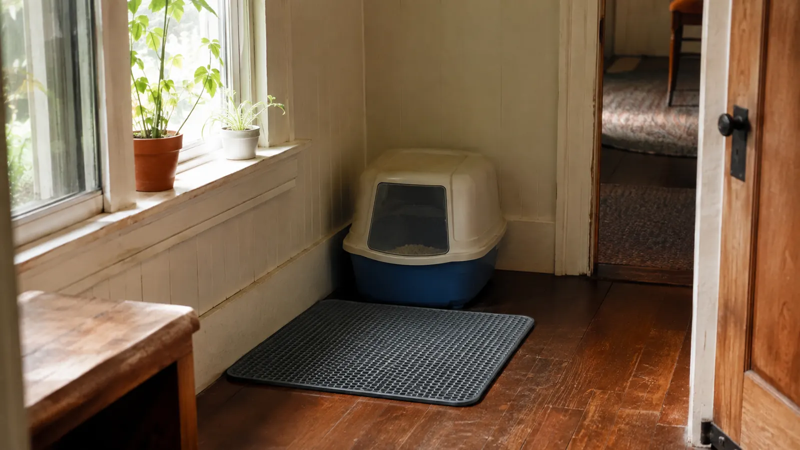 Gray honeycomb litter mat on a wood floor in a farmhouse back hall, morning light coming through a window