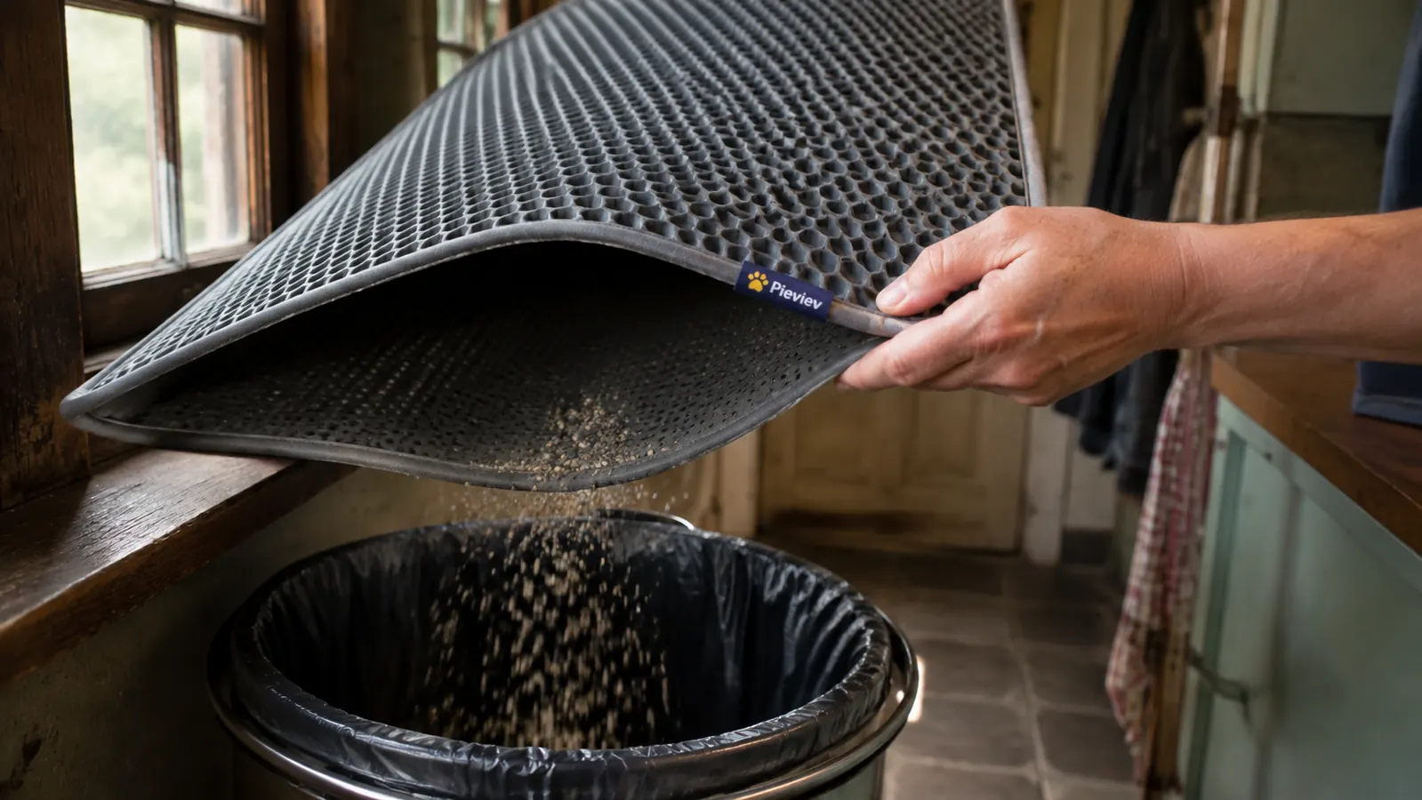 Hand lifting the top layer of the Pieviev mat to shake trapped litter into a trash can