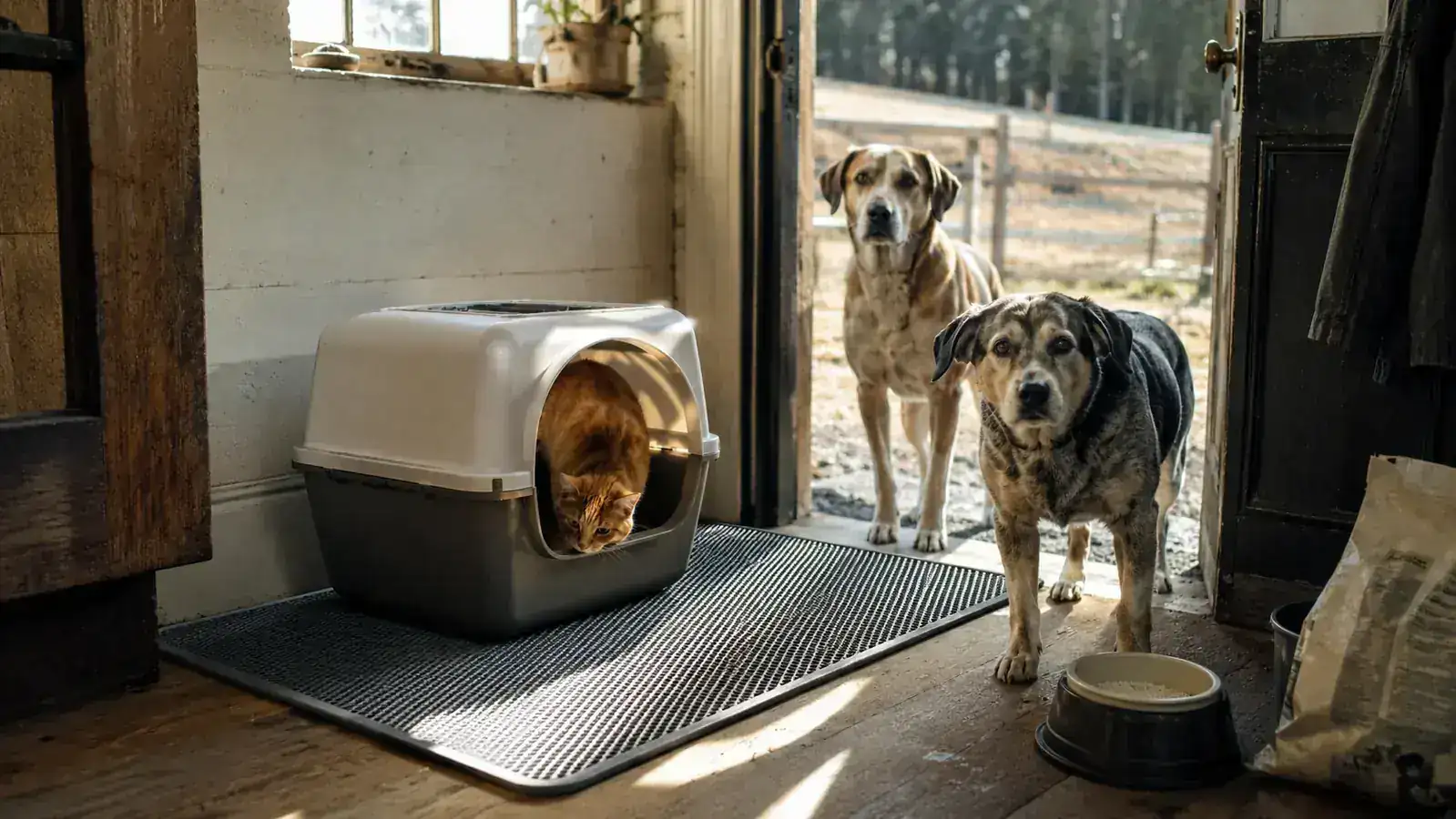 Pieviev honeycomb litter mat placed under a cat litter box in a wood-floored back hall